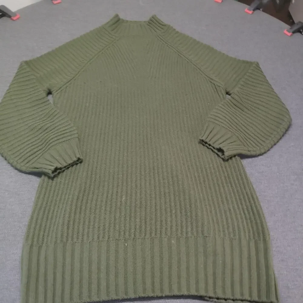 LILLUSORY Sweater Dress Womens M Olive Green Mock Neck Lantern Sleeve